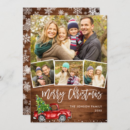 Retro Kerstmis Rustic 4 PHOTO Greep Feestdagenkaart (Voorkant / Achterkant)