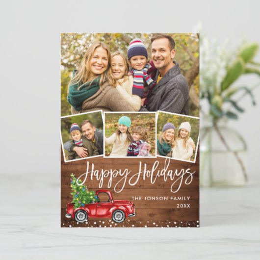 Retro Kerstmis Rustic 4 PHOTO Greep Feestdagenkaart (Staand voorkant)
