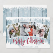 Retro Kerstmis  Rustic Blauw Hout 3 FOTO Wenskaart Feestdagenkaart (Voorkant / Achterkant)