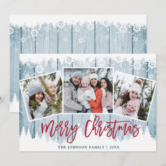Retro Kerstmis  Rustic Blauw Hout 3 FOTO Wenskaart Feestdagenkaart (Voorkant / Achterkant)