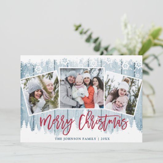 Retro Kerstmis  Rustic Blauw Hout 3 FOTO Wenskaart Feestdagenkaart (Staand voorkant)