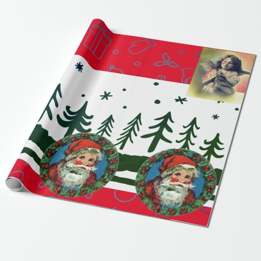 RETRO KERSTMIS SANTA & ANGEL Wrapping Paper Cadeaupapier (Uitgerold)