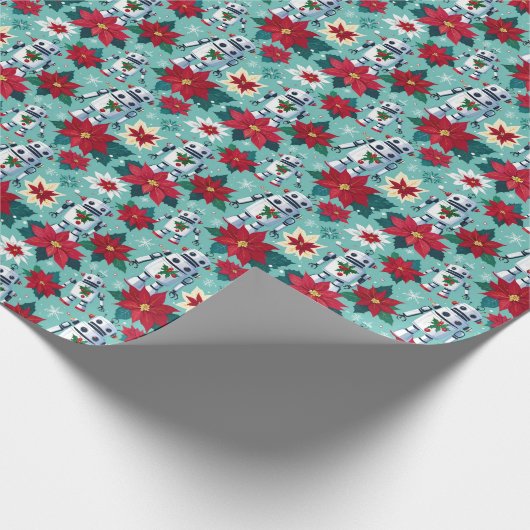 Retro Kerstmis Sci-Fi Robots en Poinsettia's Cadeaupapier (Hoek)