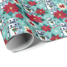 Retro Kerstmis Sci-Fi Robots en Poinsettia's Cadeaupapier