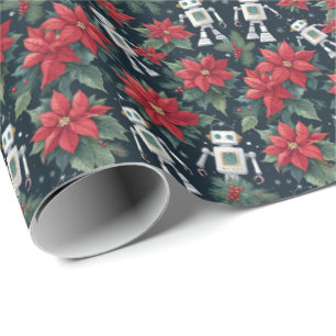 Retro Kerstmis Sci-Fi Robots & Poinsettia's Cadeaupapier