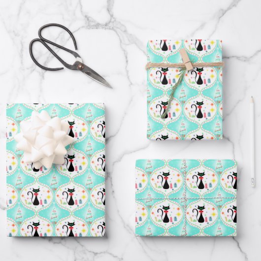 Retro Kerstmis Siamese Kat Ogee Patroon Inpakpapier Vel (Voorkant)