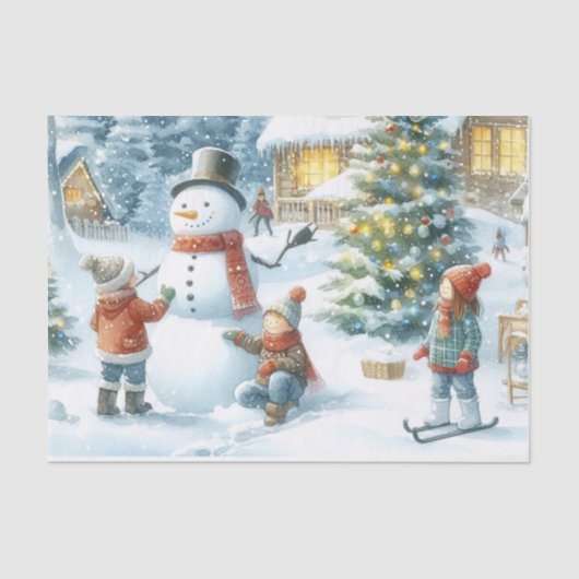 Retro Kerstmis Sneeuwman en Kinderen Tissuepapier (Voorkant)