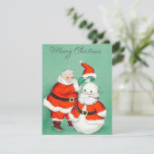 Retro Kerstmis Sneeuwman met de Kerstman Feestdagenkaart (Staand voorkant)