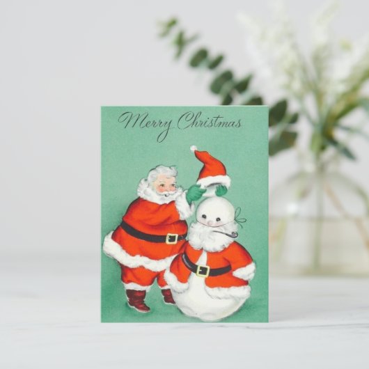  Retro Kerstmis Sneeuwman met de Kerstman Feestdagenkaart (Staand voorkant)