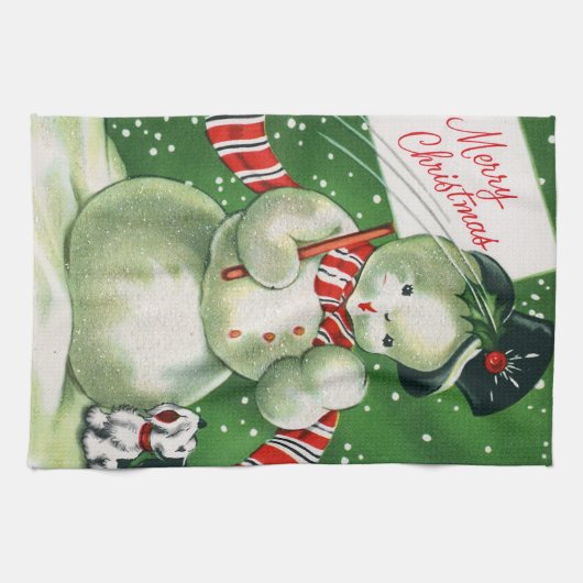 Retro Kerstmis sneeuwpop Vakantie keukenhanddoek (Horizontaal)