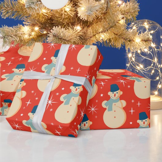 Retro Kerstmis Snowman Red Cadeaupapier (Feestdagen)