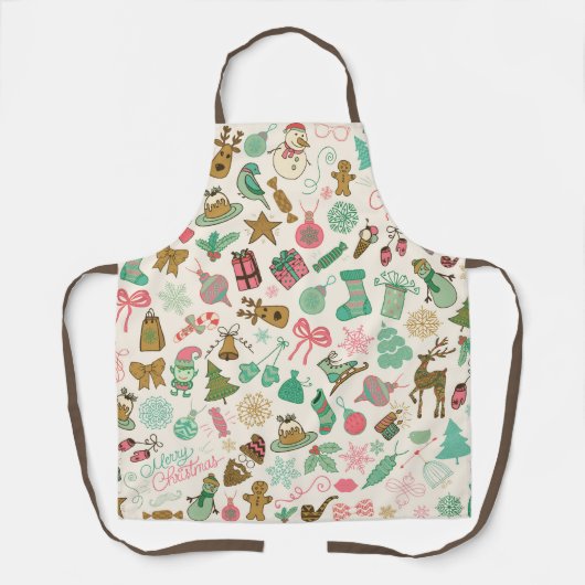 Retro Kerstmis Snowman Reindeer Doodles Schort (Voorkant)