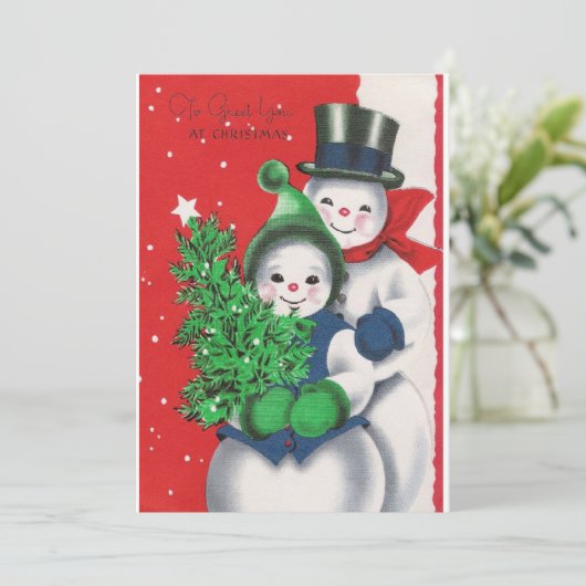  Retro Kerstmis Snowman Winter Scene Feestdagenkaart (Staand voorkant)