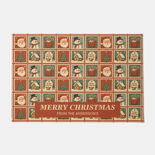 Retro Kerstmis Stamp Collage Gepersonaliseerd Deurmat (Voorkant)