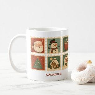 Retro Kerstmis Stamp Collage Gepersonaliseerd Koffiemok