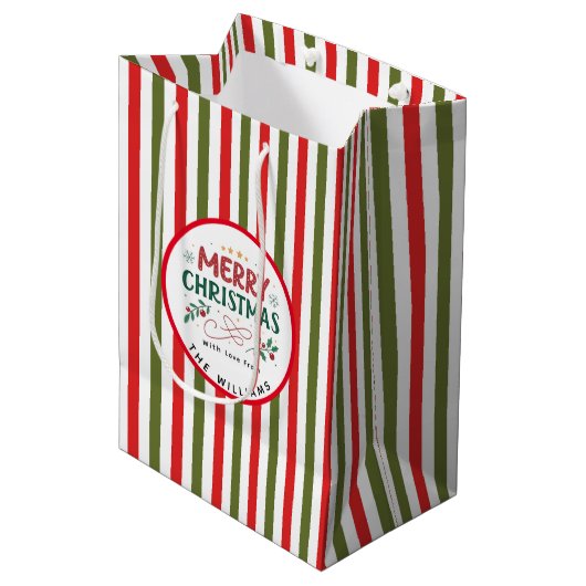 Retro Kerstmis Streeppatroon Aangepaste Kerstmis Medium Cadeauzakje (Voorkant Gekanteld)