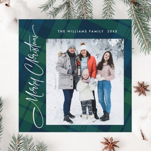 Retro Kerstmis Tartan Plaid 2 Foto Groet Feestdagenkaart