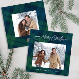 Retro Kerstmis Tartan Plaid 2 Foto Groet Feestdagenkaart