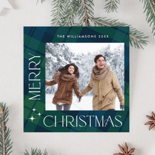 Retro Kerstmis Tartan Plaid 2 Foto Groet Feestdagenkaart