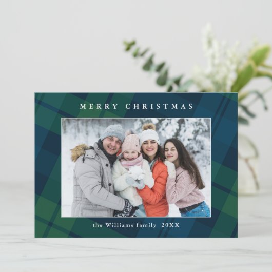 Retro Kerstmis Tartan Plaid 3 Foto Groet Feestdagenkaart (Staand voorkant)