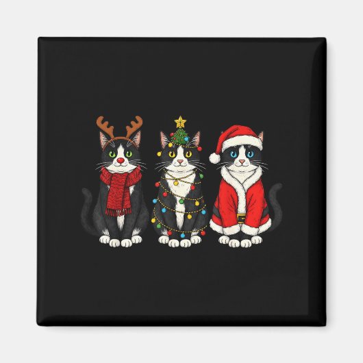 Retro Kerstmis Tuxedo Kat Santa Rendier Magneet (Voorkant)