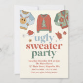 Retro Kerstmis Ugly Sweater Party Invitation Kaart (Voorkant)