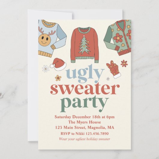Retro Kerstmis Ugly Sweater Party Invitation Kaart (Voorkant)