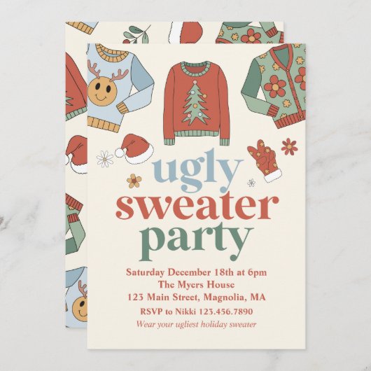 Retro Kerstmis Ugly Sweater Party Invitation Kaart (Voorkant / Achterkant)