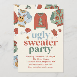 Retro Kerstmis Ugly Sweater Party Invitation Kaart