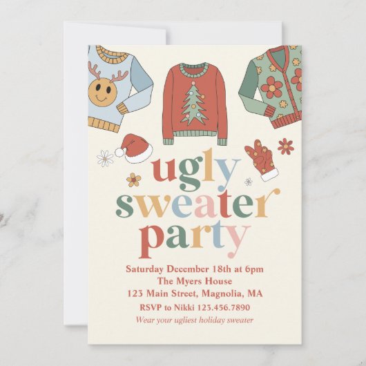 Retro Kerstmis Ugly Sweater Party Invitation Kaart (Voorkant)