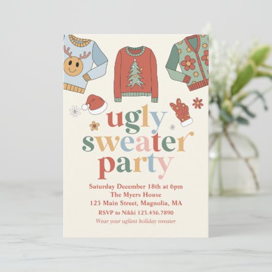 Retro Kerstmis Ugly Sweater Party Invitation Kaart (Staand voorkant)