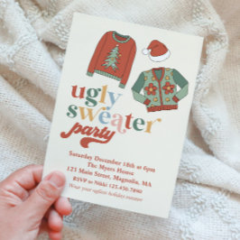 Retro Kerstmis Ugly Sweater Party Invitation Kaart