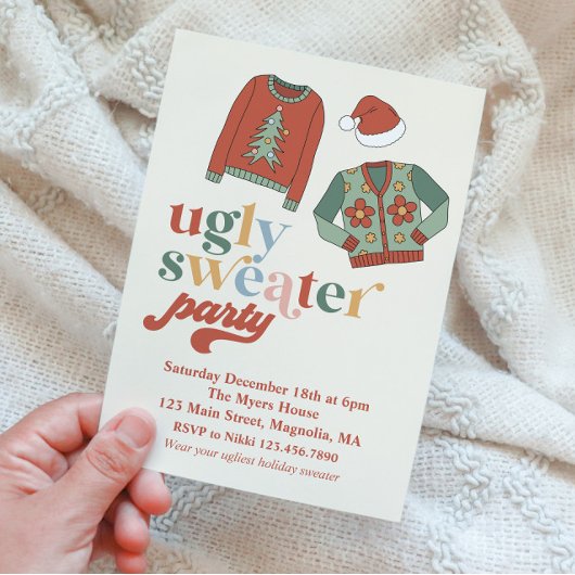 Retro Kerstmis Ugly Sweater Party Invitation Kaart