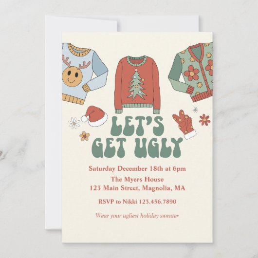 Retro Kerstmis Ugly Sweater Party Invitation Kaart (Voorkant)