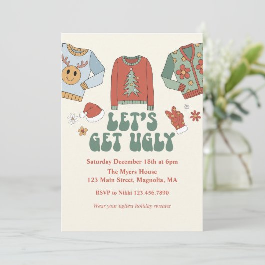 Retro Kerstmis Ugly Sweater Party Invitation Kaart (Staand voorkant)