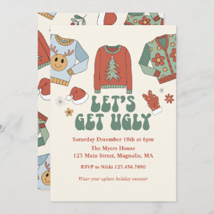 Retro Kerstmis Ugly Sweater Party Invitation Kaart