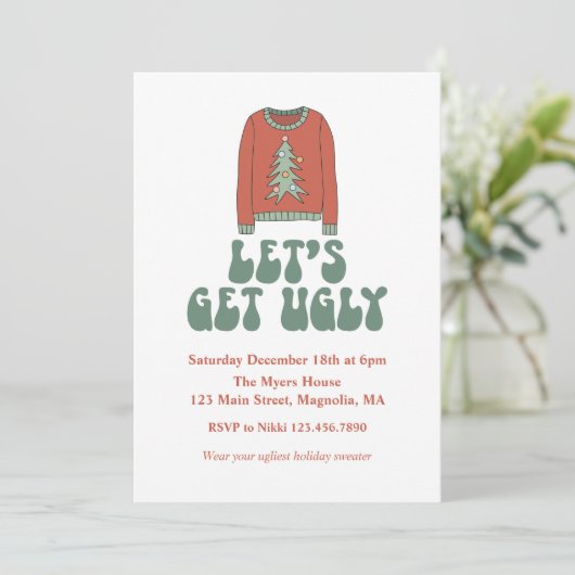 Retro Kerstmis Ugly Sweater Party Invitation Kaart (Staand voorkant)