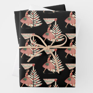 Retro Kerstmis Vintage 50s Vakantie 1950s Dame  Inpakpapier Vel