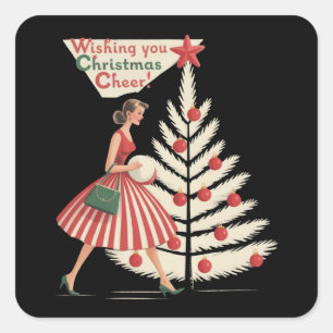 Retro Kerstmis Vintage 50s Vakantie 1950s Dame Vierkante Sticker