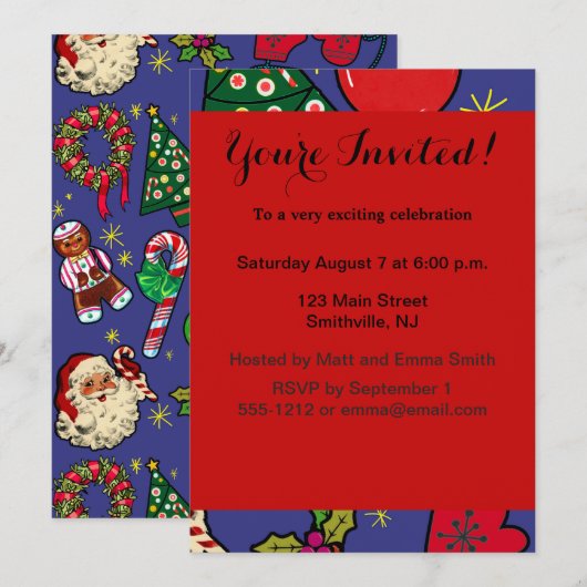 Retro Kerstmis Vintage Kleurrijk Blauw Rood Groen Kaart (Voorkant / Achterkant)