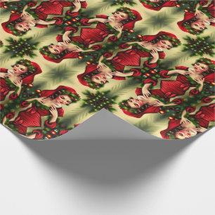 Retro Kerstmis Vintage Meisje Vrouw Rode Elf Klass Cadeaupapier