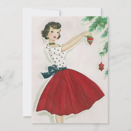 Retro Kerstmis  Vrouw in het Rood Feestdagenkaart (Voorkant)