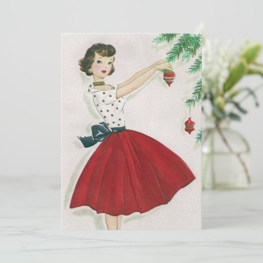 Retro Kerstmis  Vrouw in het Rood Feestdagenkaart (Staand voorkant)
