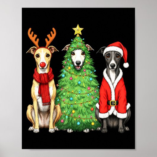 Retro Kerstmis Whippet Kerstman Rendier Hond Liefh Poster (Voorkant)