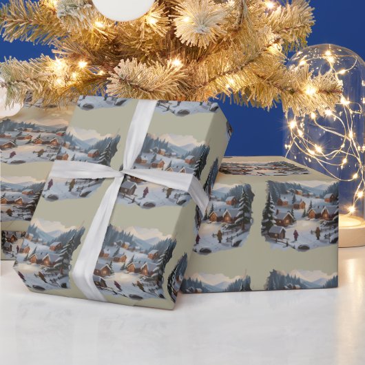 Retro Kerstmis Winterdorp 90er Bergen Bomen Cadeaupapier (Feestdagen)