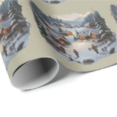 Retro Kerstmis Winterdorp 90er Bergen Bomen Cadeaupapier (Rol Hoek)