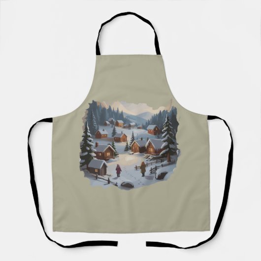 Retro Kerstmis Winterdorp 90er Bergen Bomen Schort (Voorkant)