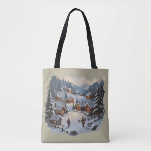Retro Kerstmis Winterdorp 90er Bergen Bomen Tote Bag