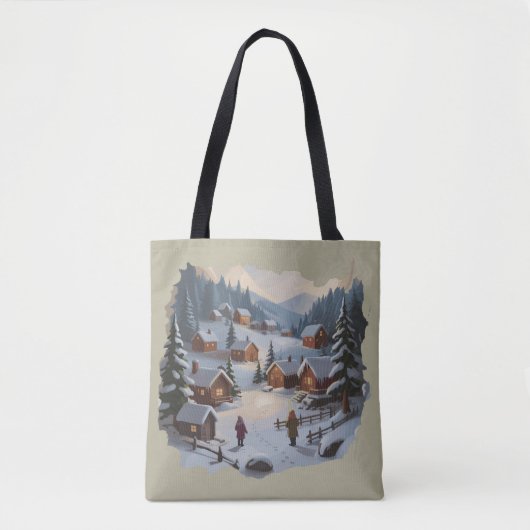 Retro Kerstmis Winterdorp 90er Bergen Bomen Tote Bag (Voorkant)
