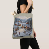 Retro Kerstmis Winterdorp 90er Bergen Bomen Tote Bag (Dichtbij)